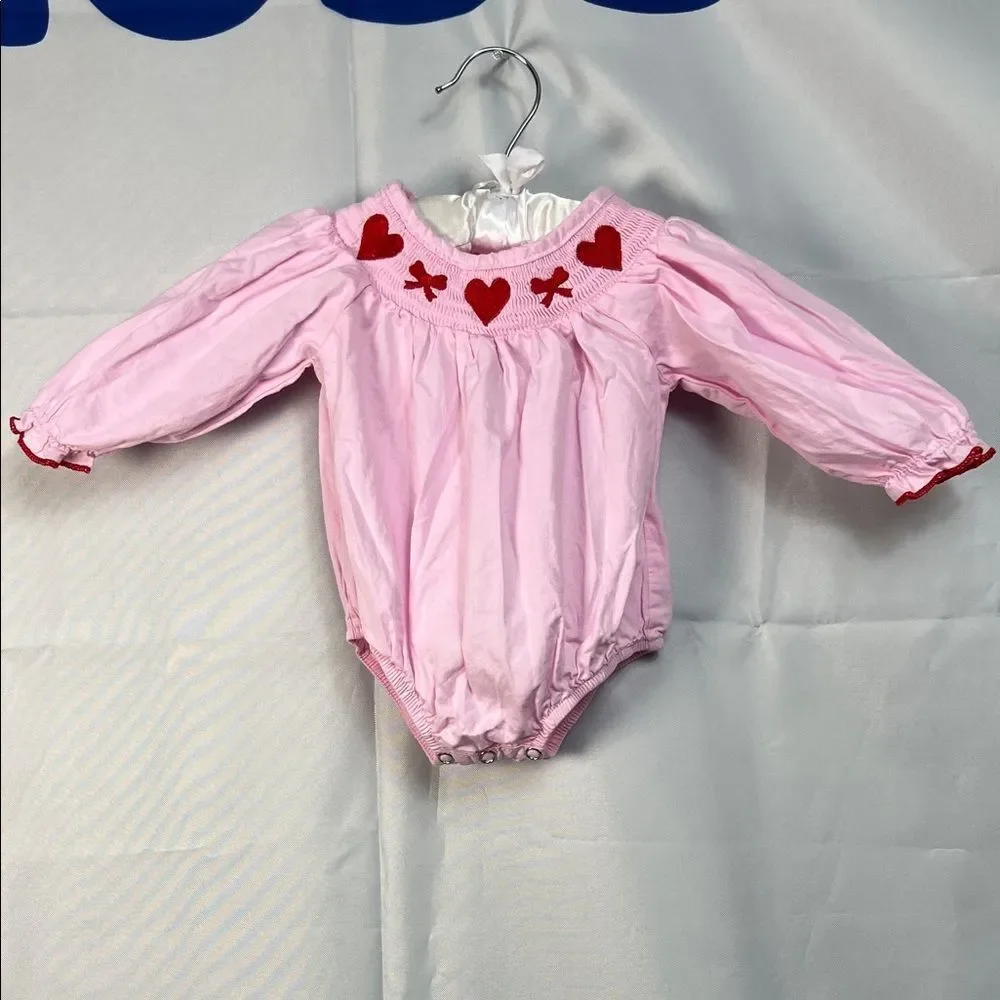 Boutique pink smocked bubble romper with hearts and bows embroidery size 3 month